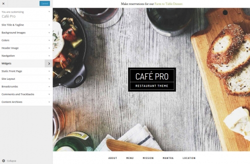 WordPress Theme Customizer in Café Pro Theme