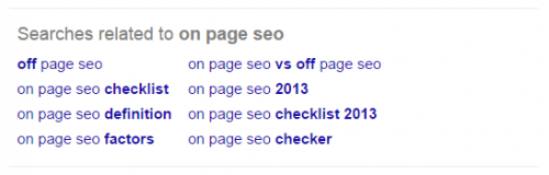 Google SERP showing related searches for on page seo query